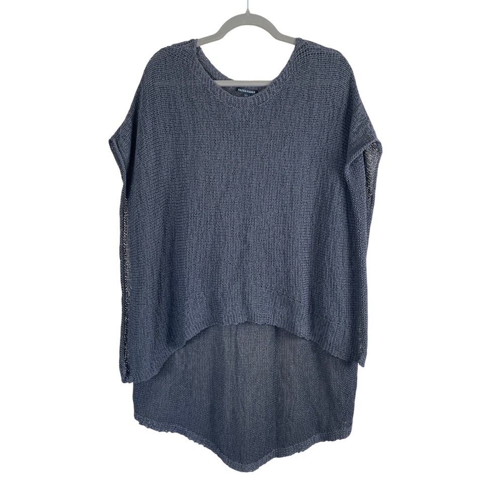 Eileen Fisher Gray Italian Fabric Mesh Knit High Low Poncho Sweater One Size OS